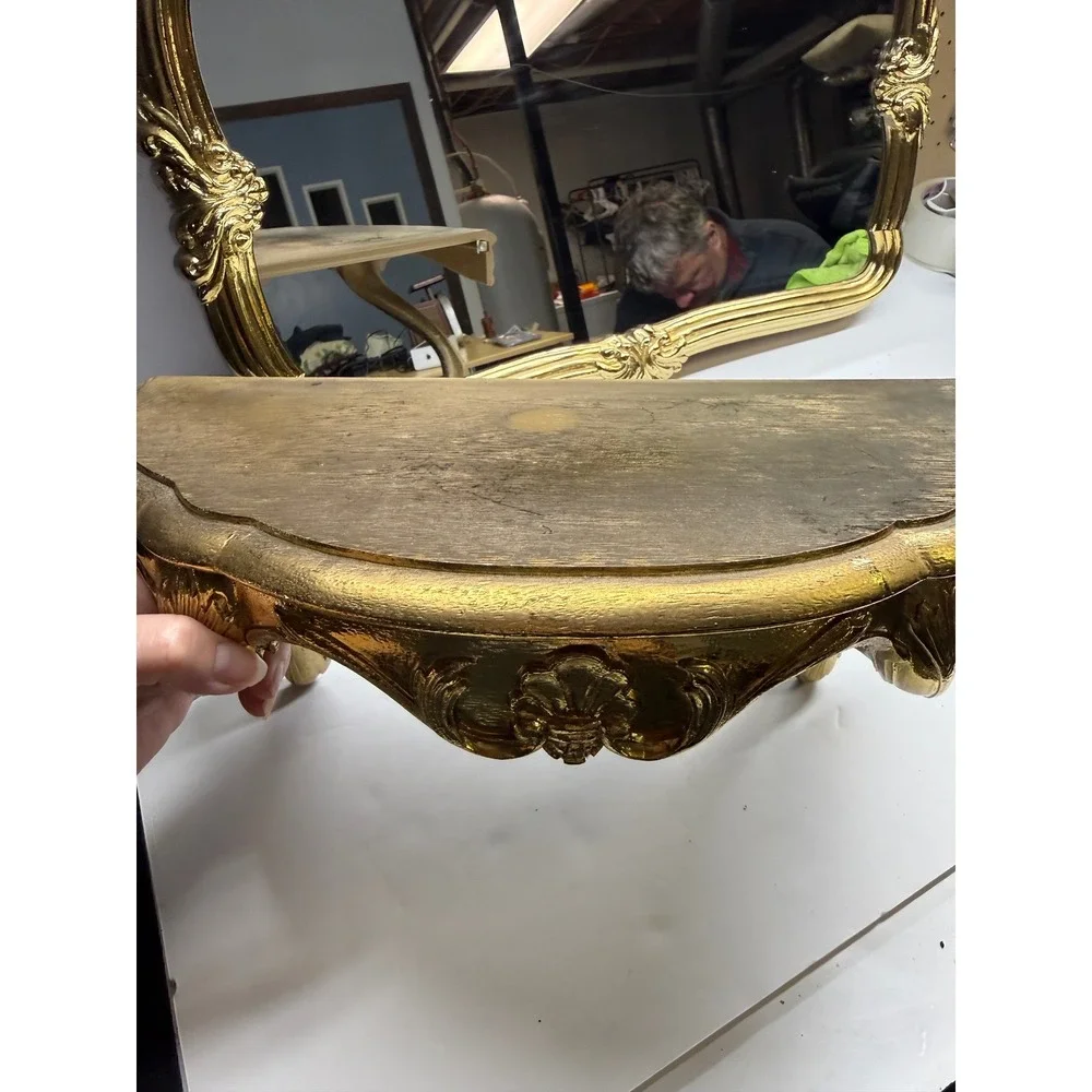 Vintage Gold Ornate Wall Mirror and Matching Console Shelf Set Hollywood Regency